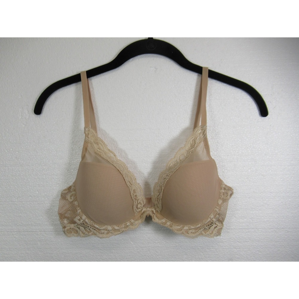 Natori Feathers Plunge T-shirt Bra 34B Beige Underwire Mesh Overlay 730023